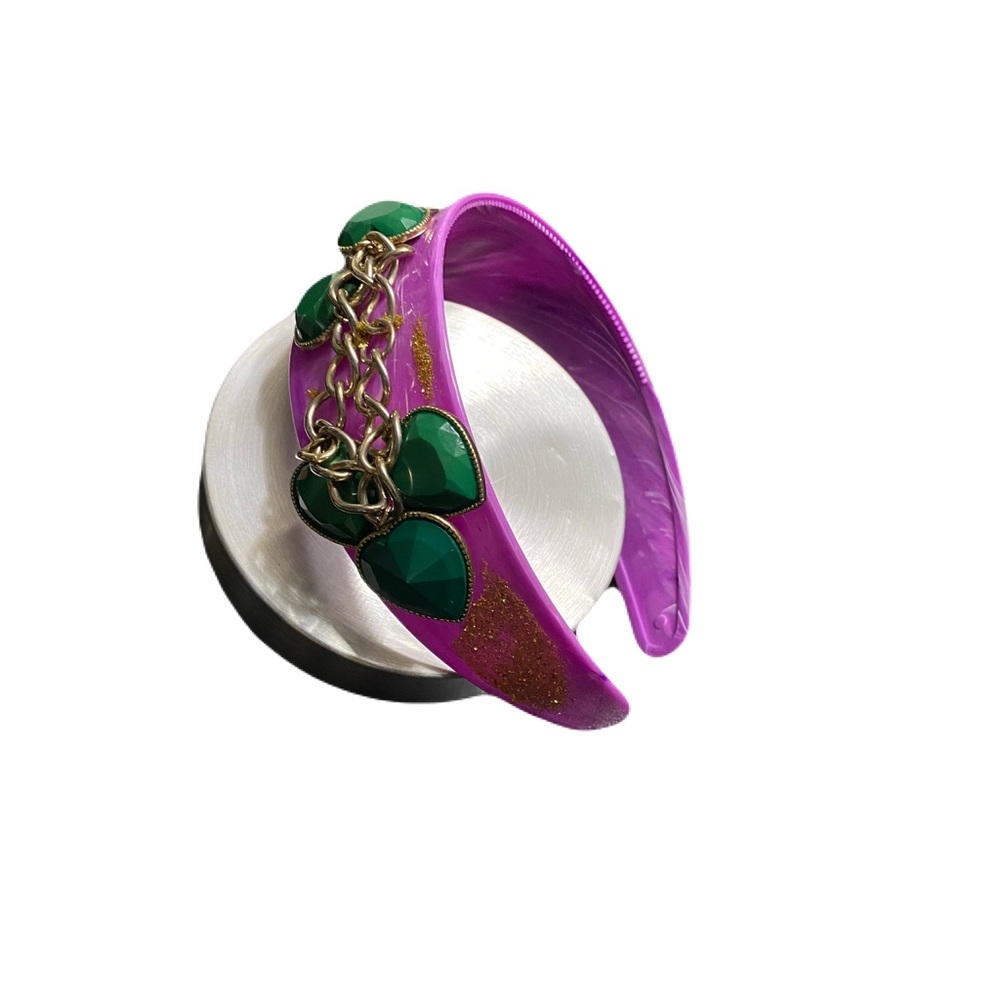Purple Padded Headband Green Gemstone Cabochon Gold Chain Glitter Hair